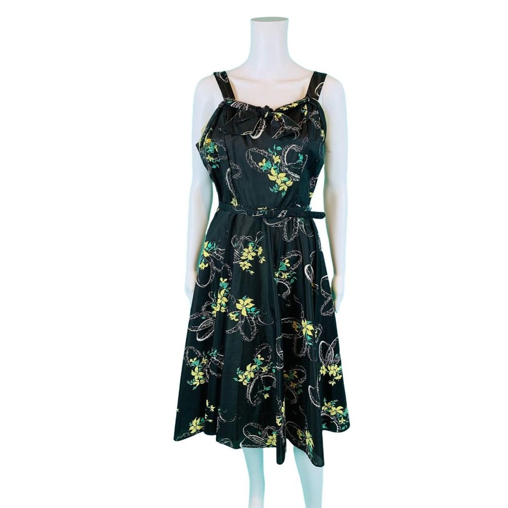 Vintage 50s Party Dress Womens XS Black Yellow Floral Print Belted Taffeta